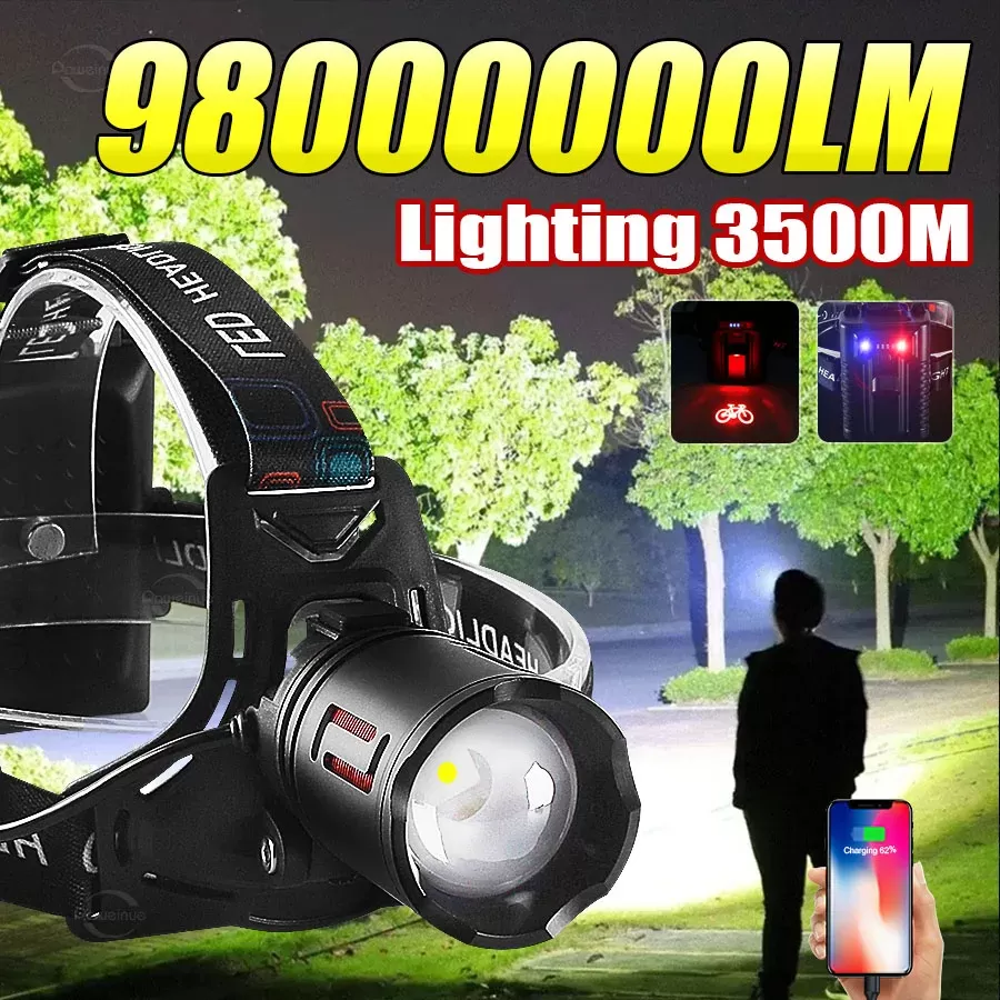 פנס ראש נטען USB עוצמתי 98000000LM