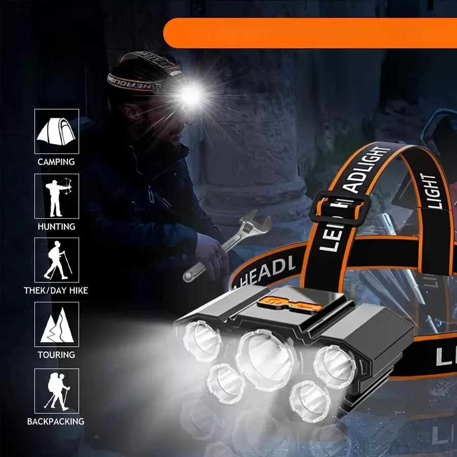 פנס ראש טקטי עם 5 נורות LED - נטען - תמונה 5