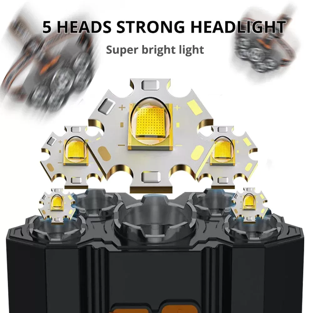 פנס ראש נטען USB עם 5 נורות LED - תמונה 4
