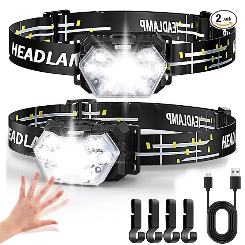 פנס ראש LED עוצמתי עם חיישן, נטען USB