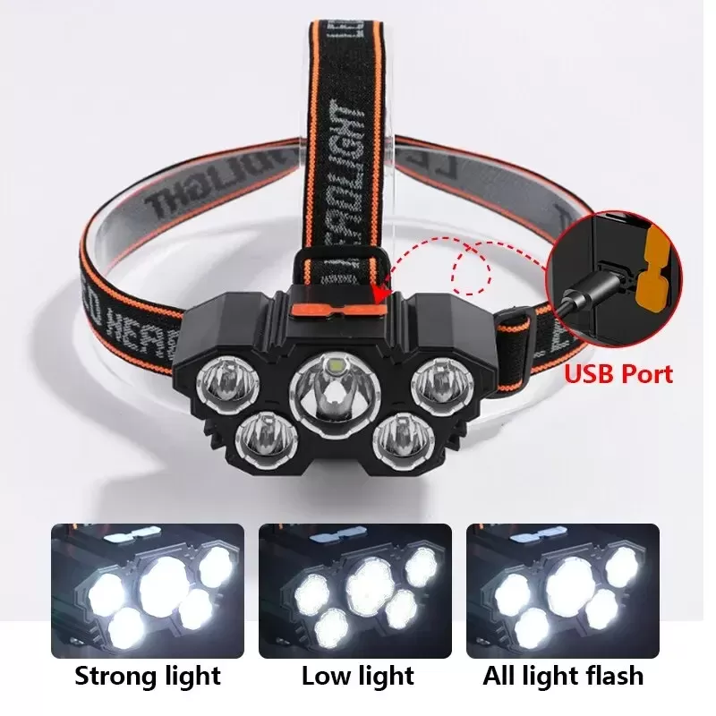 פנס ראש נטען 5 LED - מושלם לקמפינג ודיג - תמונה 2