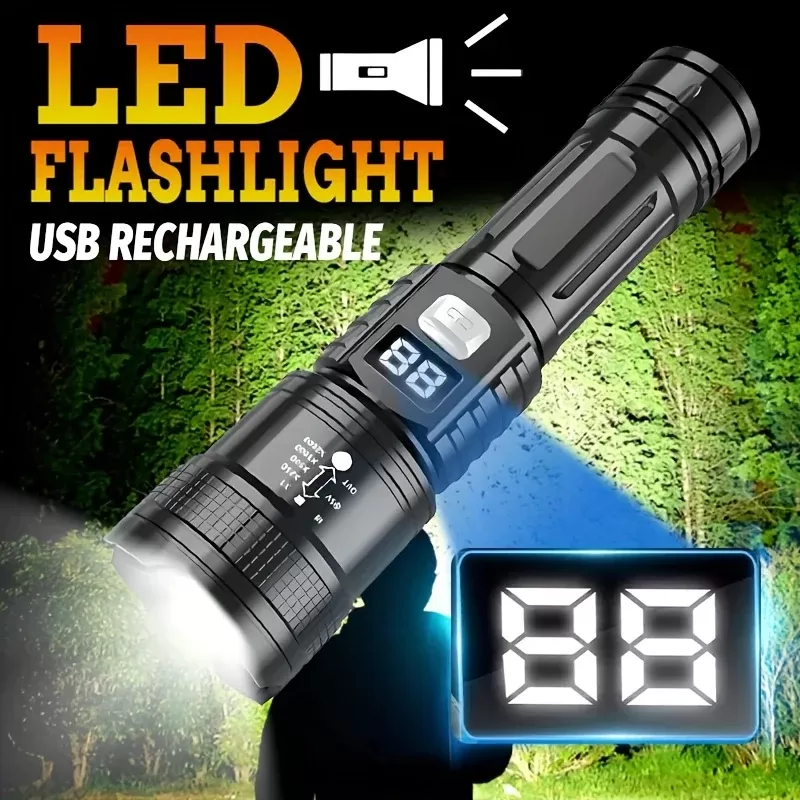 פנס טקטי LED עוצמתי עם זום וטעינה USB